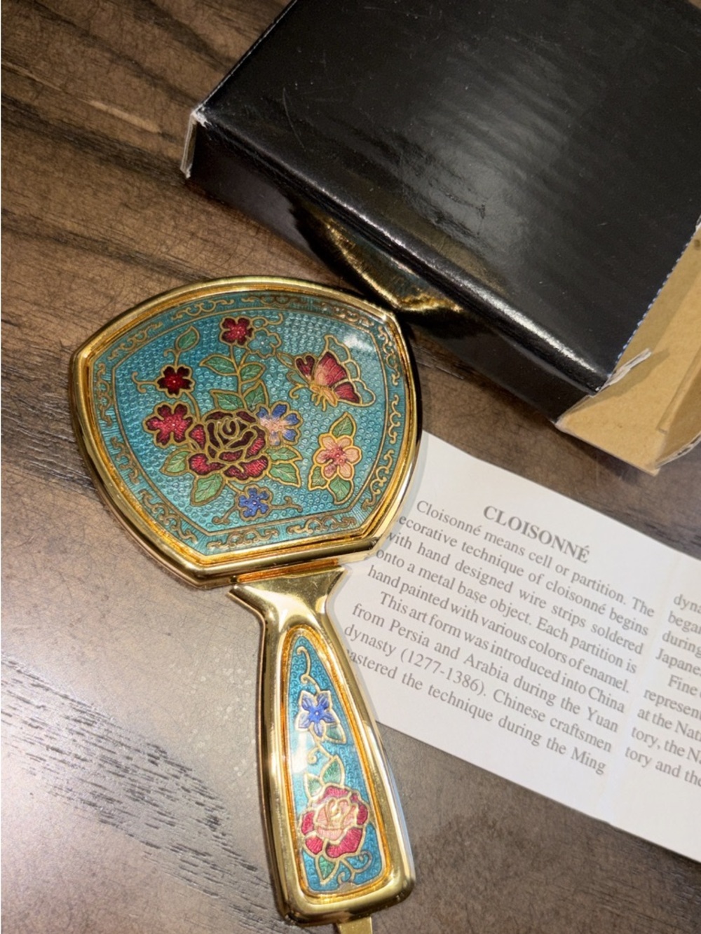Vintage Cloisonné Floral Hand Mirror in Turquoise and Gold
